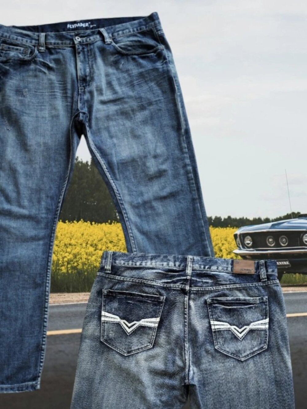 Flypaper Mens Jeans Straight Blue Denim 38x30 Embroidered Back Pocket Y2K Style
